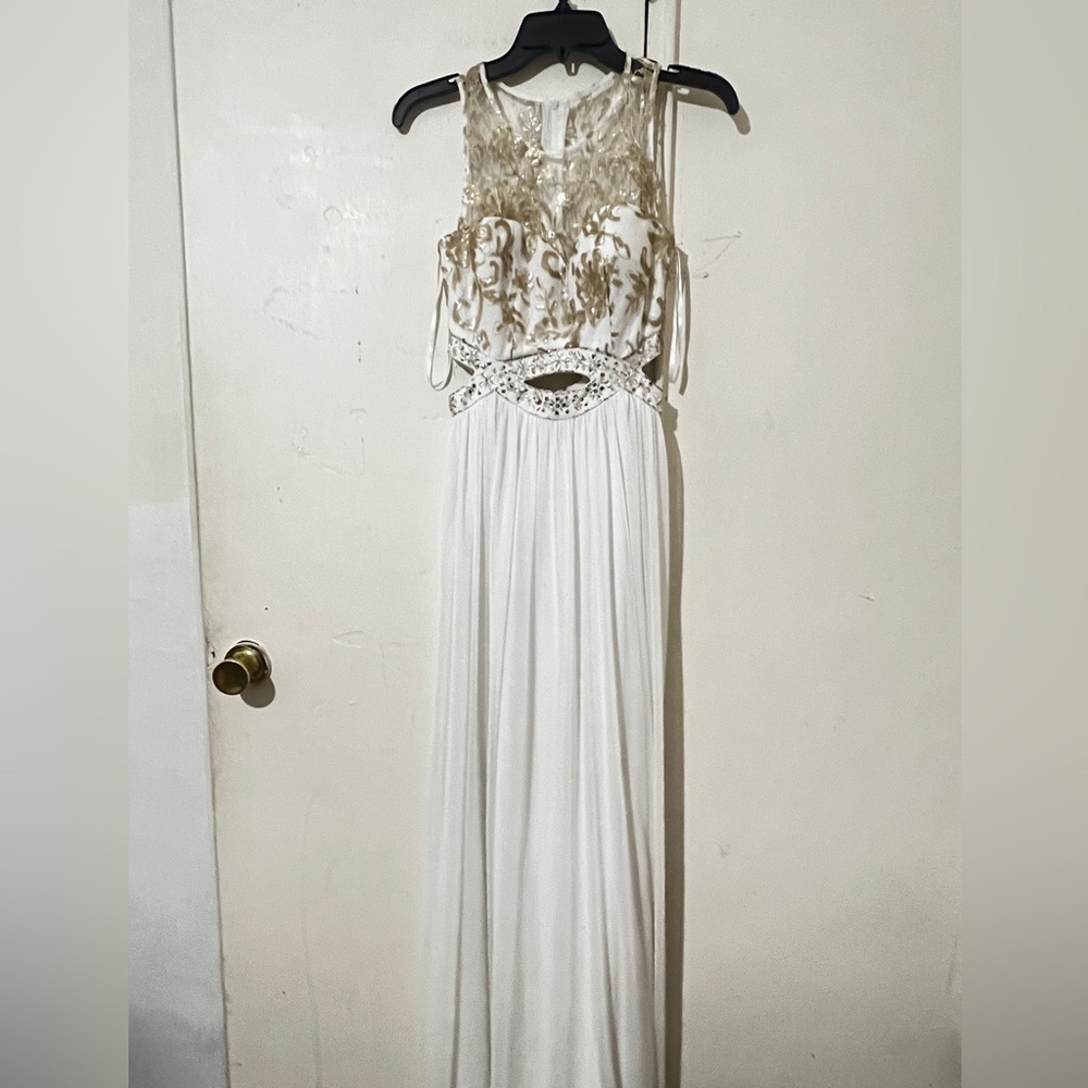 Blondie Nites White and Gold Embellished Cutout Evening Dress